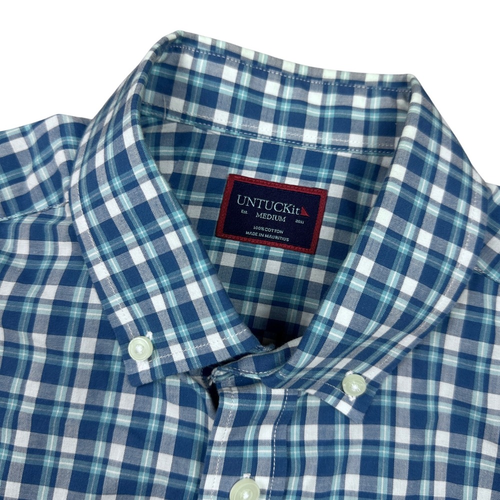 UNTUCKit Mens Medium Blue Teal Plaid Short Sleeve Button Down Cotton Shirt Check